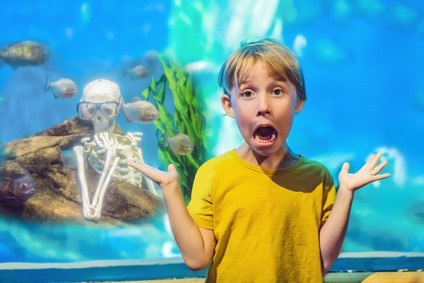 The boy got scared Skeleton and piranha in an aquarium
